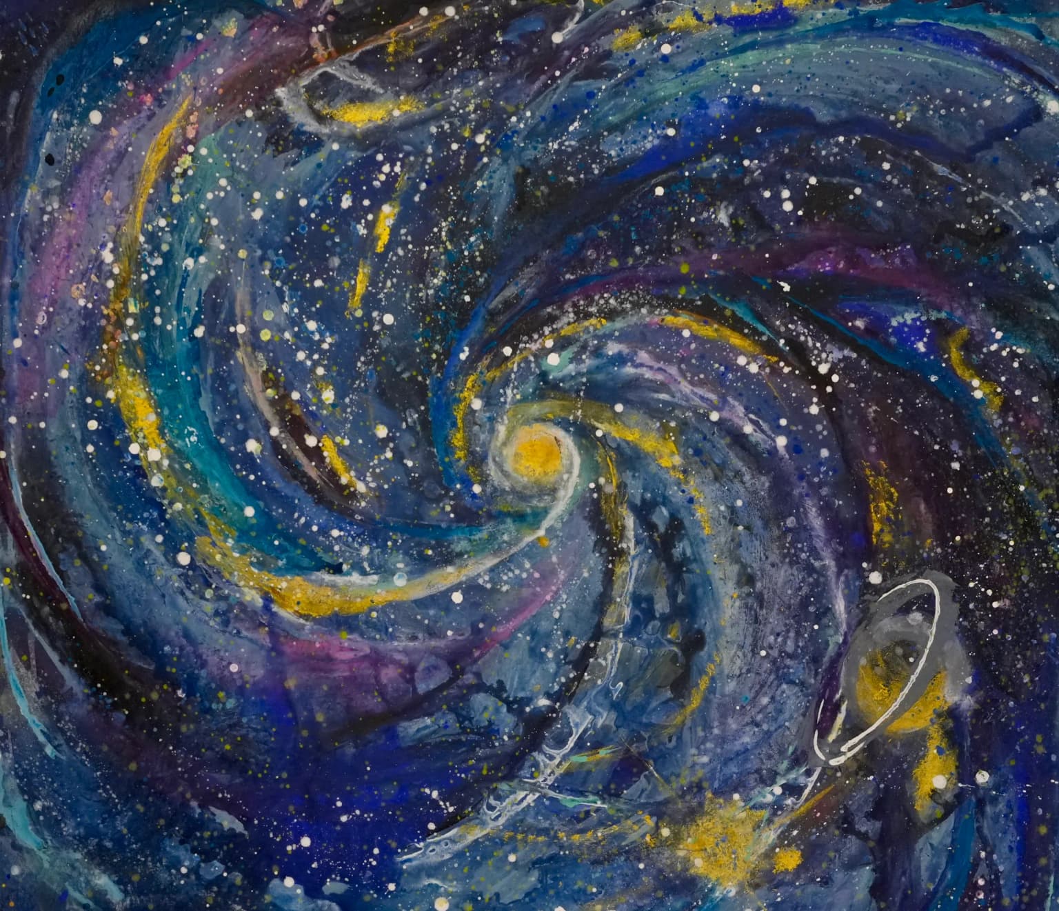 Space painting: a spiral galaxy turning with navy, purple and turquoise arms, a golden core at its centre, a ringed planet at the lower right and white and gold stars scattered across the surface.